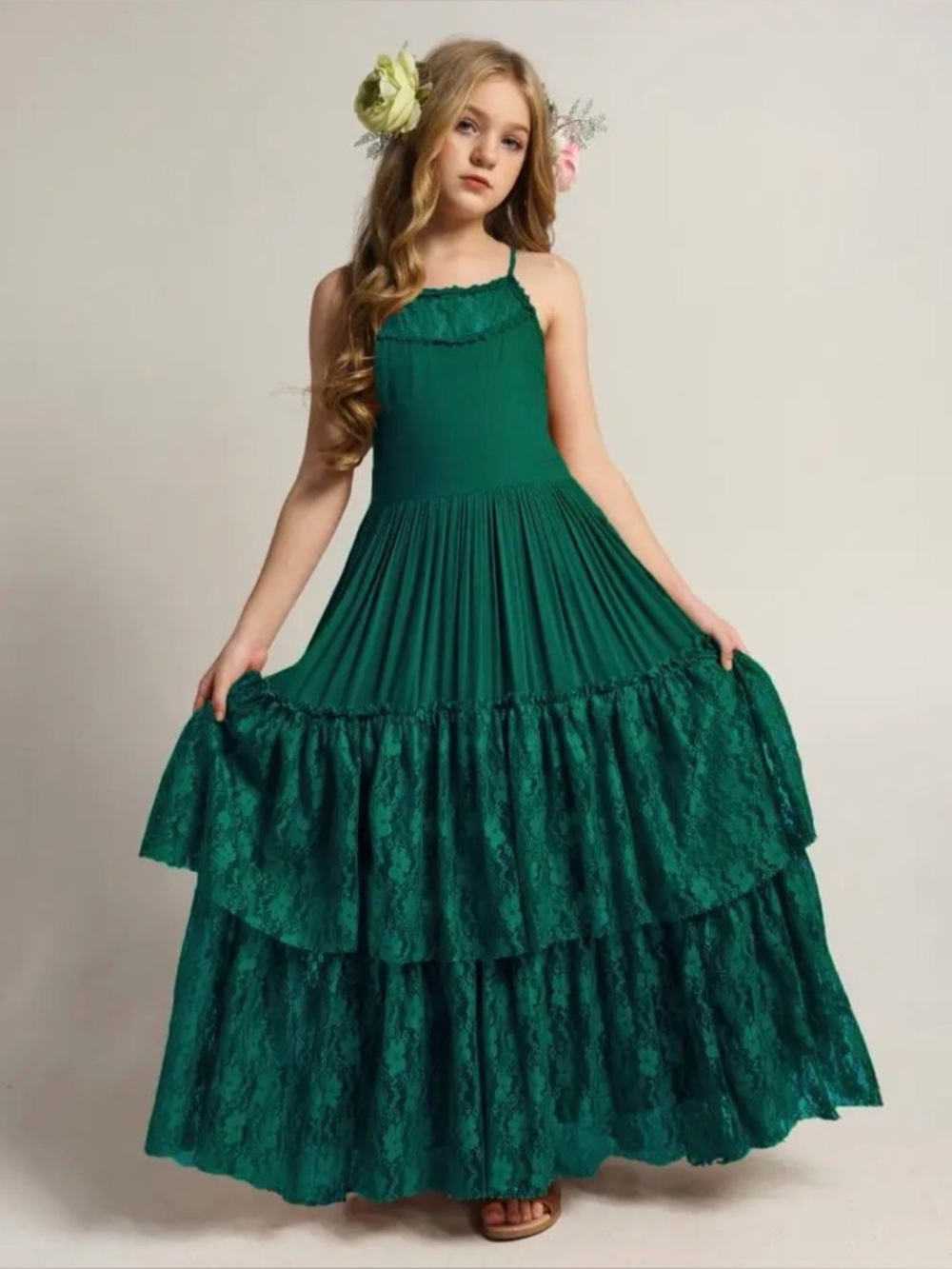 Mia Joy Catrin Tiered Lace Halter Maxi Dress in Teal (Girls 14)
